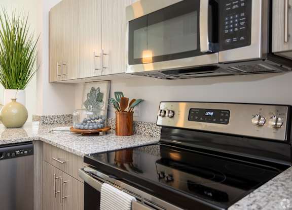 A modern kitchen with a stainless steel oven and microwave above it.