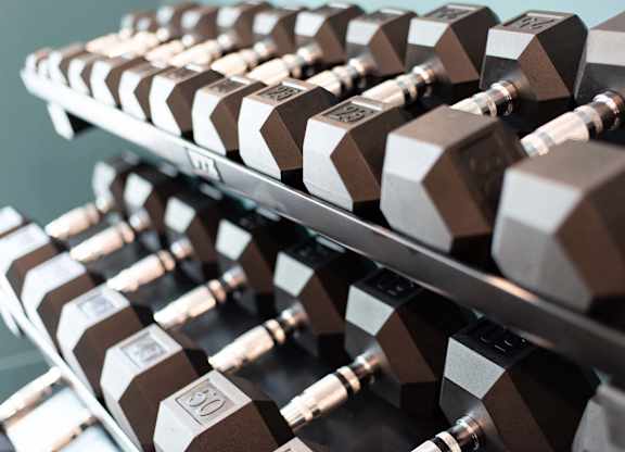 A rack of dumbbells at Novi Rise's fitness center