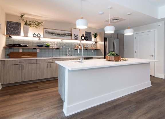 The kitchen in Novi Rise's resident lounge