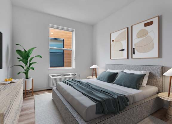 A modern bedroom with a large bed and a flat screen TV.