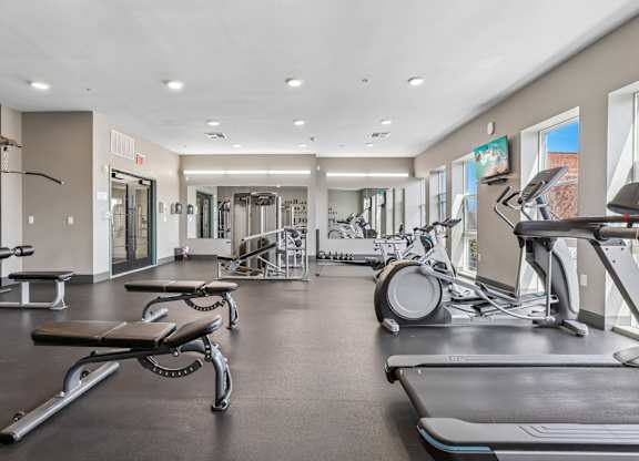 A spacious gym with treadmills, weights, and exercise equipment.