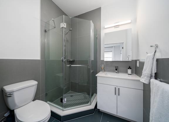 A white toilet sits next to a walk-in shower in a bathroom.
