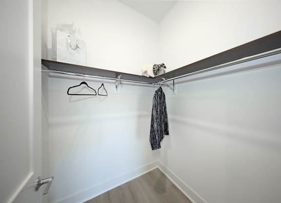 A white closet with a tie hanging on a rod.