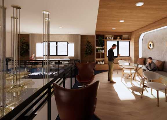 A modern interior with a person standing in the middle.