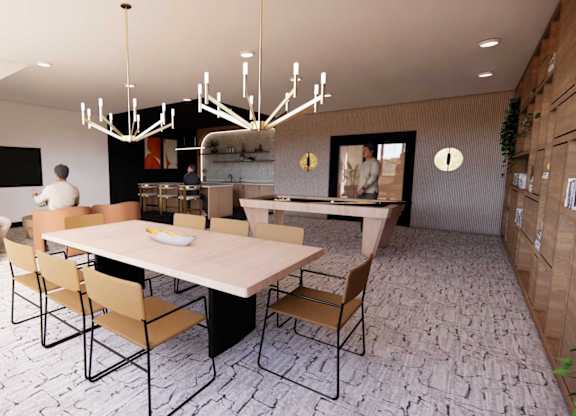 A dining room with a table and chairs.