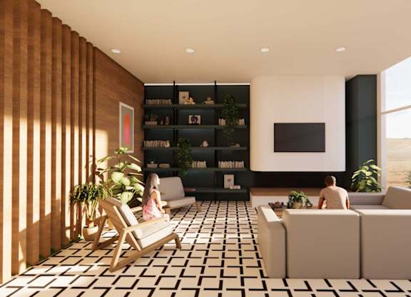 A modern living room with a wooden wall and a black and white checkered floor.