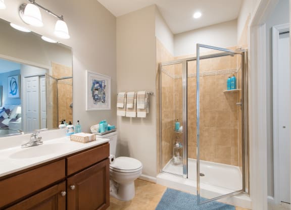 Spacious glass showers in select apartment homes at The Cosmopolitan at Lorton Station, Lorton, VA