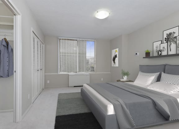 a bedroom with a bed and a closet