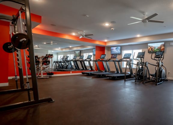 A gym with a variety of exercise equipment including treadmills, stationary bikes, and weight machines.