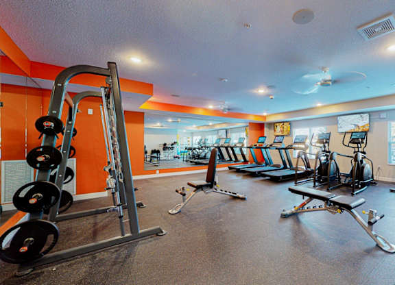 A gym with a variety of equipment including weights and cardio machines.
