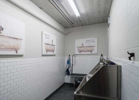 A bathroom with a sink and a picture of a goat in a bathtub.