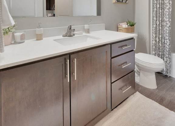 A bathroom with a white countertop and a white toilet.