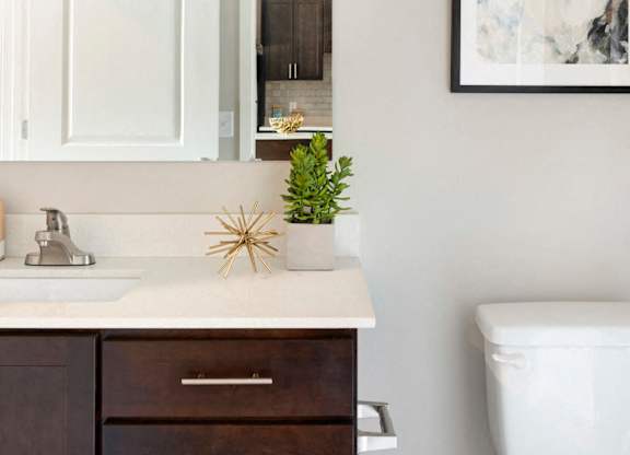 A white toilet sits next to a sink with a plant on top of it.