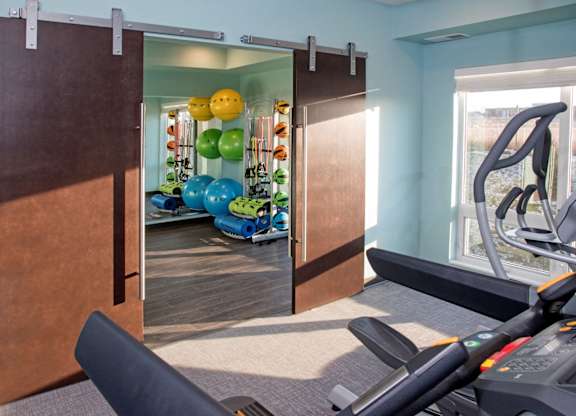 A gym with a treadmill, exercise balls and a mirror.