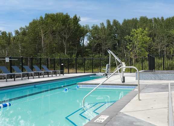 A swimming pool surrounded by a black fence and trees.