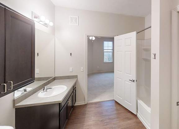 a bathroom with a sink and a mirror and a walk in closet
