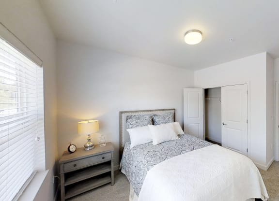 a bedroom with a bed and a closet