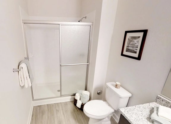 a bathroom with a toilet and a shower