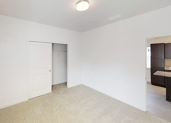 a bedroom with a door to a closet