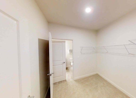 a room with a closet and a door to a bathroom
