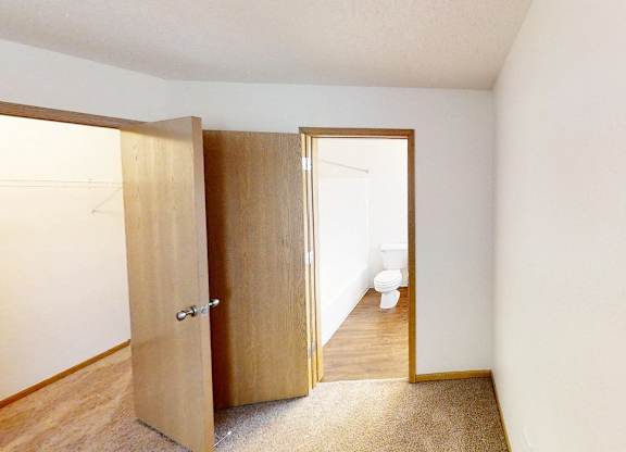 A room with a toilet and a wooden door.