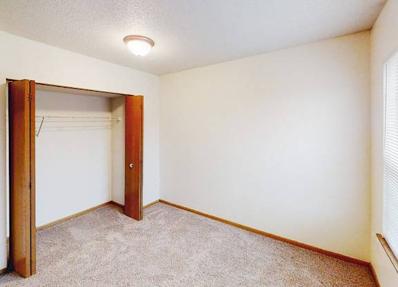 A room with a carpeted floor and a closet with a door.