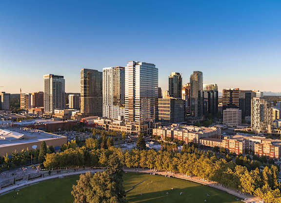 an aerial view of the city at sunset at Two Lincoln Tower, Bellevue, 98004
