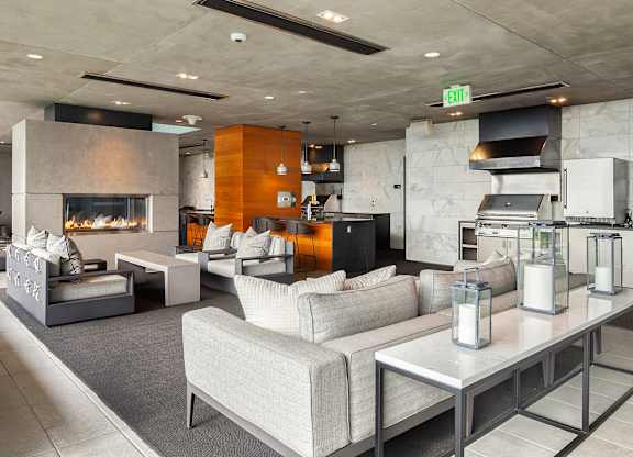 A patio at Two Lincoln Tower with an outdoor kitchen.