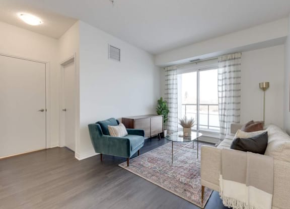 A living room with a couch, chair, and rug.