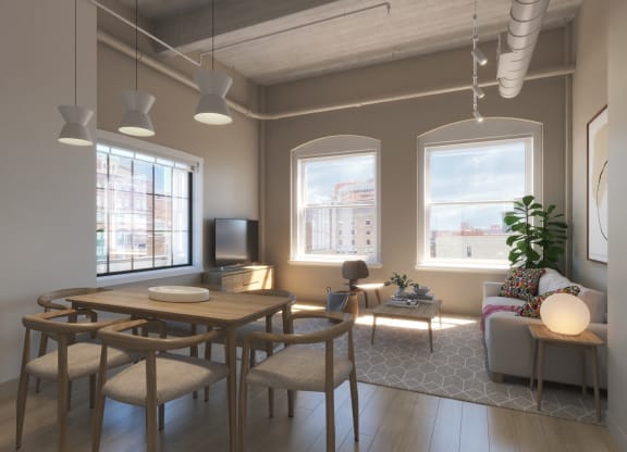 a rendering of a living room and dining room with a table and chairs at East 4th Street, Cleveland, OH, 44115