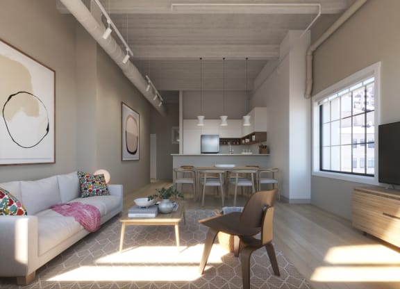 a living room and kitchen in a loft apartment at East 4th Street, Cleveland