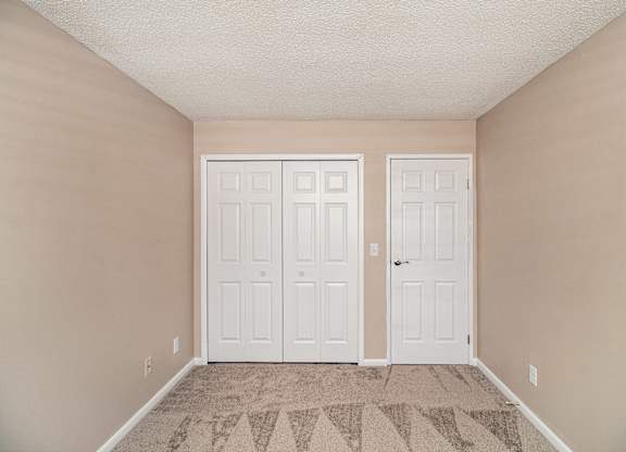 A bedroom with a closet and carpeting