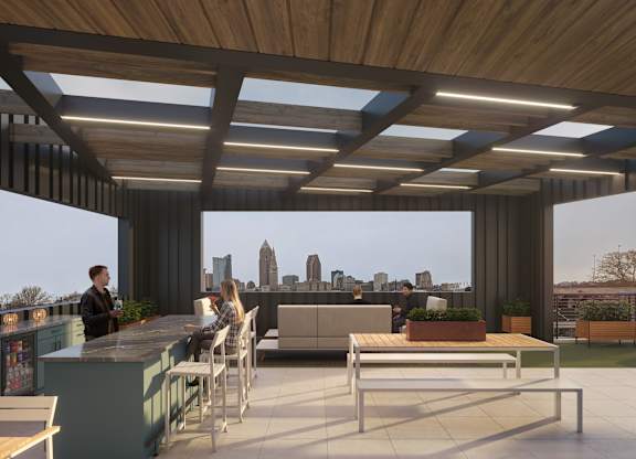 A rooftop bar with a view of downtown Cleveland