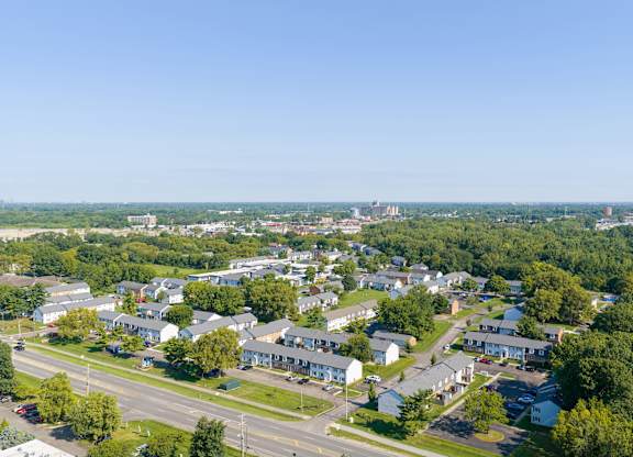 A small town with a mix of houses and buildings.