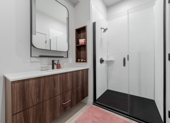 Full size bathroom at TREO apartments, Cleveland, 44116