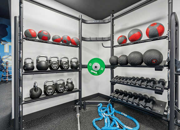 A gym with a rack of kettlebells and dumbbells.