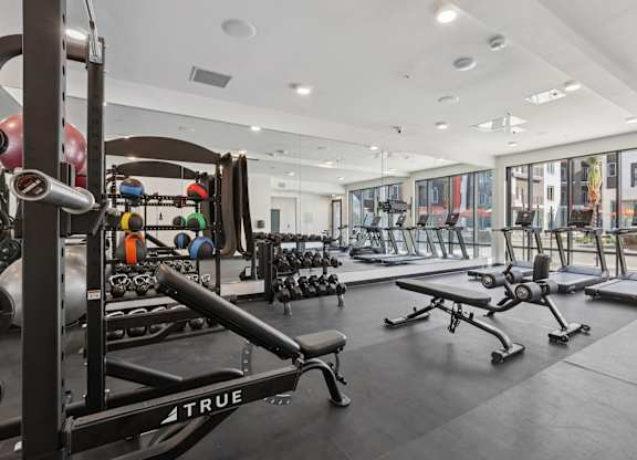 A gym with a variety of equipment including weights and machines.