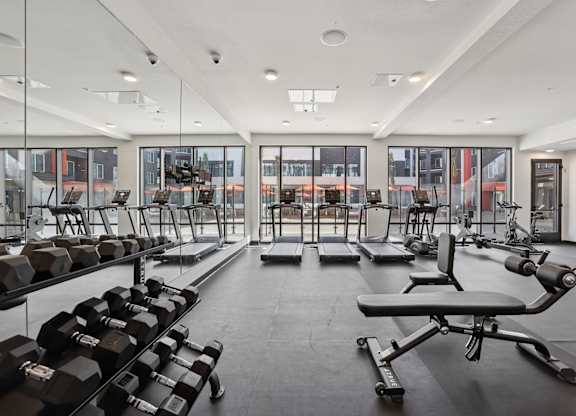 A gym with a variety of equipment including dumbbells, weight plates, and a bench press.