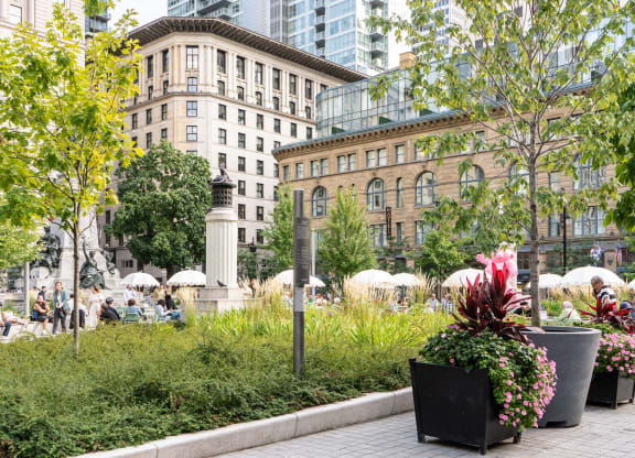 a park in the middle of a city with tall buildings