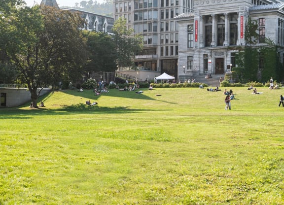 a city park with a large building in the background