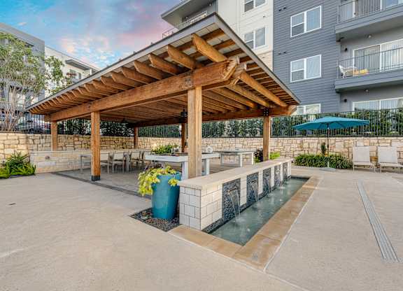 Poolside Veranda at The Prescott Luxury Apartments on South Congress, Austin TX