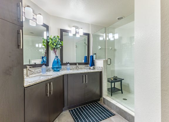 A bathroom with a sink, mirror, and a plant in a blue vase.