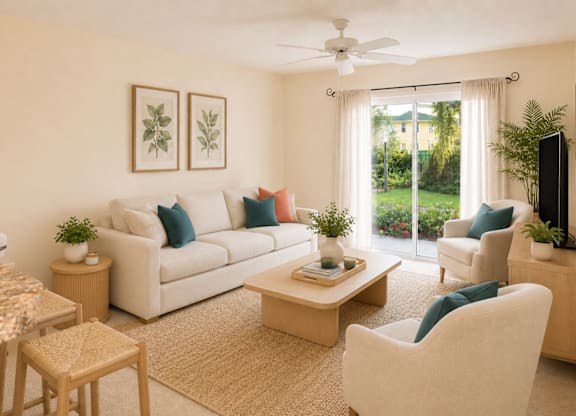 A living room with a white couch, a coffee table, and a flat screen TV.