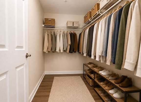 A hallway with a white door and a shoe rack with shoes on it.
