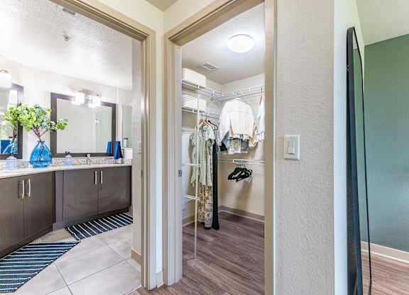 A bathroom with a walk-in shower and a sink.