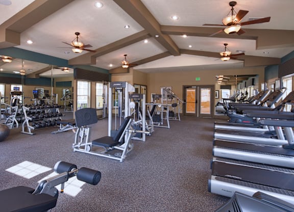 A spacious gym with a variety of equipment including treadmills, weights, and exercise machines.