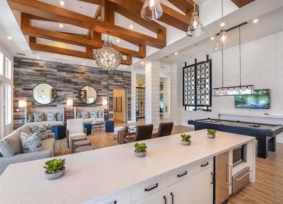 Club Room with Billiards and Demonstration Kitchen at Lenox Luxury Apartments in Riverview FL