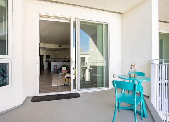 Private balcony off the living room at Chandler Apartments in North Hollywood, California