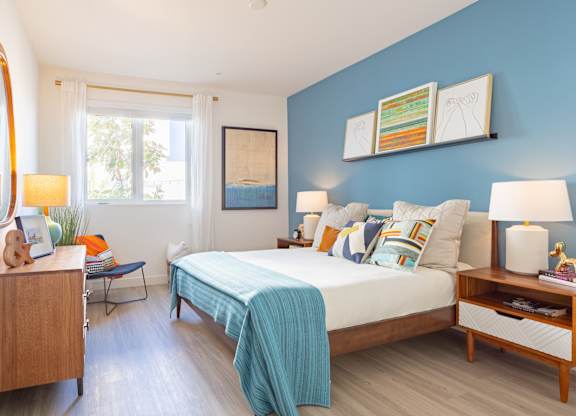 Bright bedroom at Chandler Apartments in North Hollywood, California