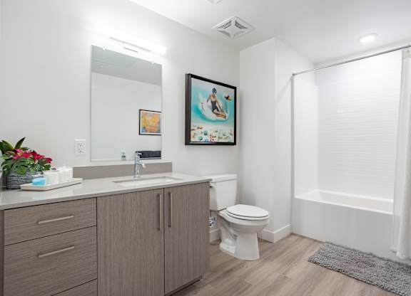 Bathroom With Mirror and extra storage with storage and tiled tub at Chandler Apartments in North Hollywood, California, 91601
